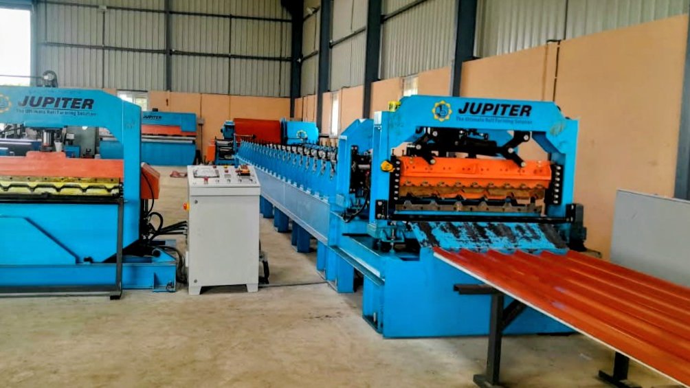 The Jupiter roll forming line at Sri Lakshmi Roofing Industry, Haliya, producing colour-coated roofing sheets